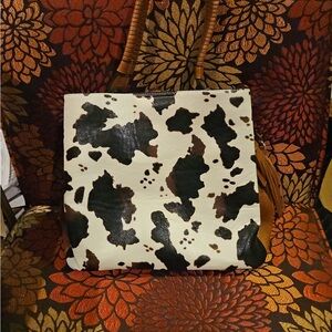 Jen and Co Cow Print Tote Bag with Brown Braided Leather Handles